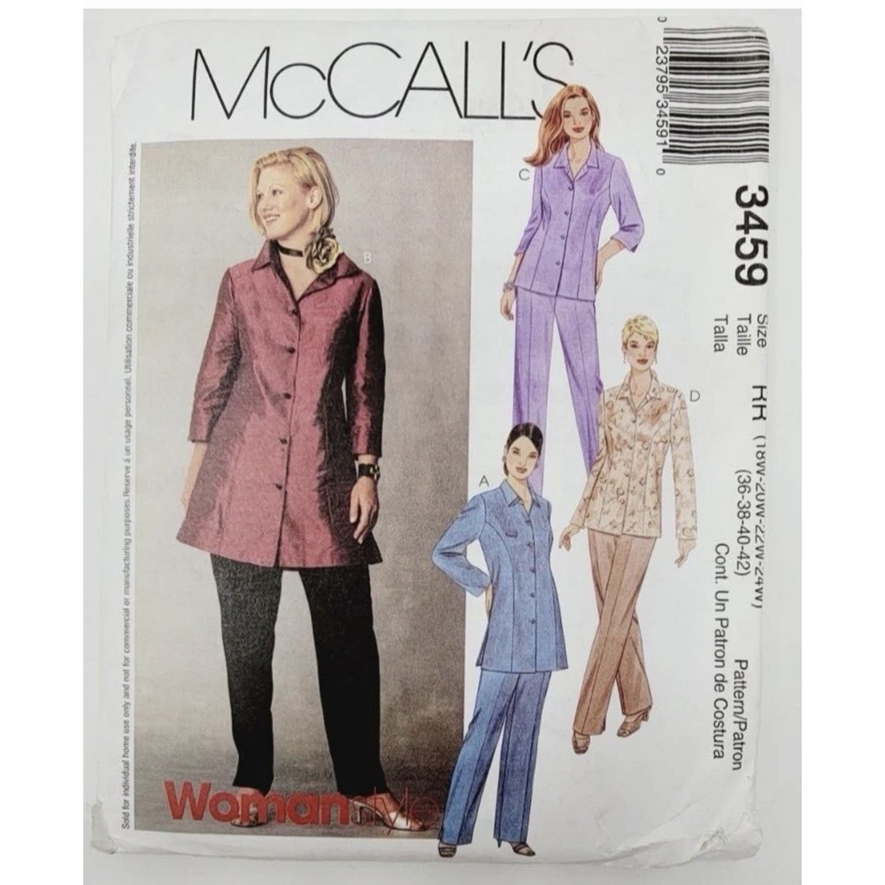 McCalls 3459 Misses Shirt Pants Sewing Pattern Size 18W-24W Uncut Plus Size